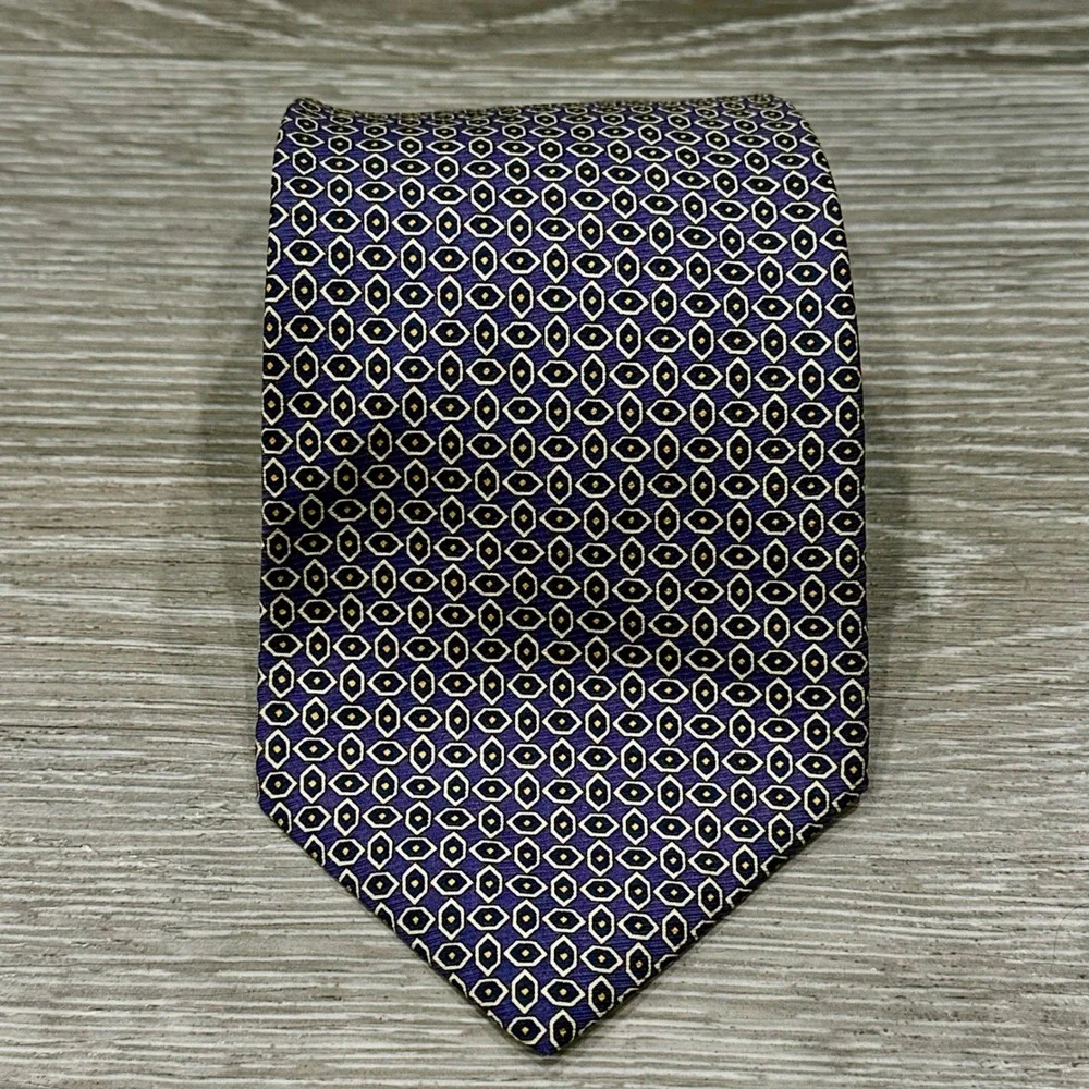 Vtg Polo Ralph Lauren Silk Tie Purple‎ Gold Geometric Medallion Made by Hand USA
